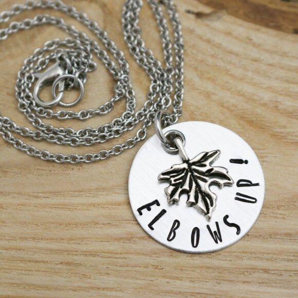 Elbows Up! Maple Leaf Hand Stamped Pendant Necklace - Handmade & Hypoallergenic - Picture 3 of 11